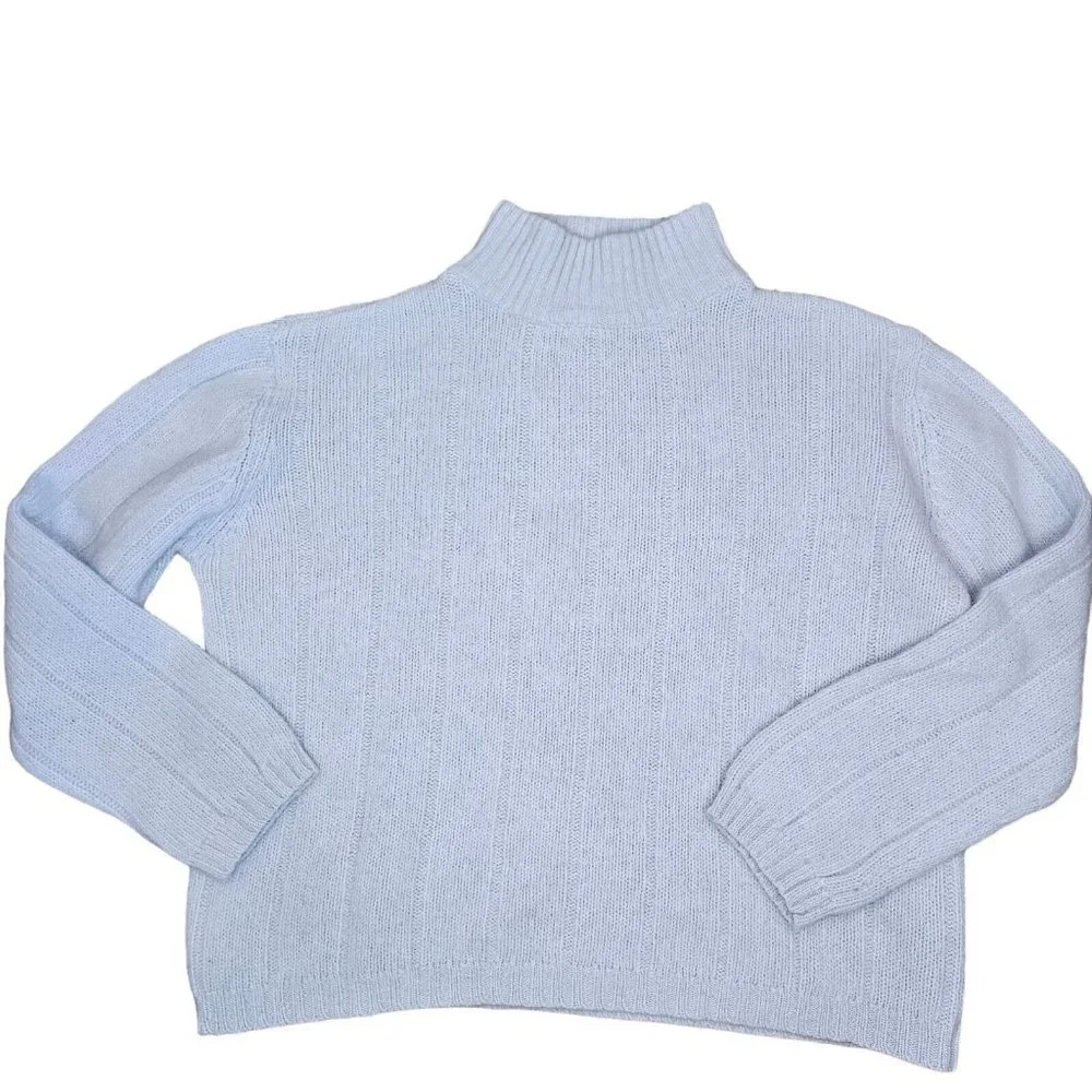 Light Gray Blue Ribbed Mockneck Wool Angora Sweater M/L Lambswool VTG 90s Pastel
